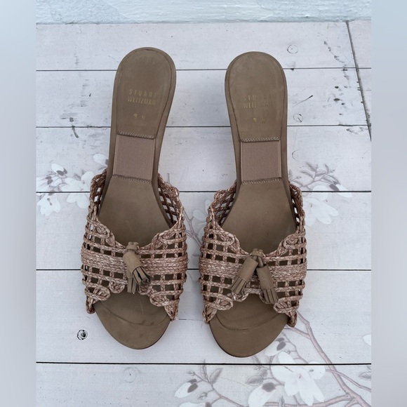 Stuart Weitzman Shoes - Stuart Weitzman Braided Tan Slide Mules with Tassel Detail